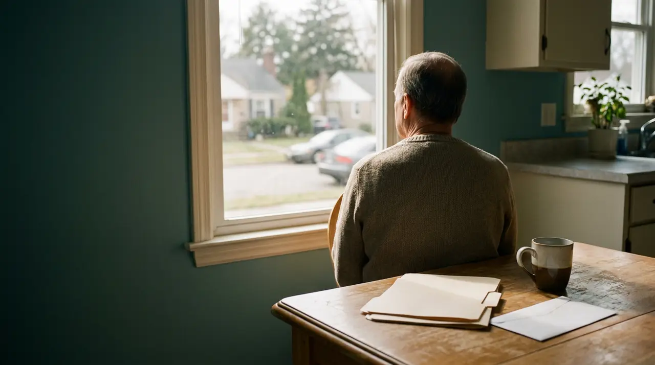 A man with his back to the camera sits at a table, looking out a window at a street with houses and cars.