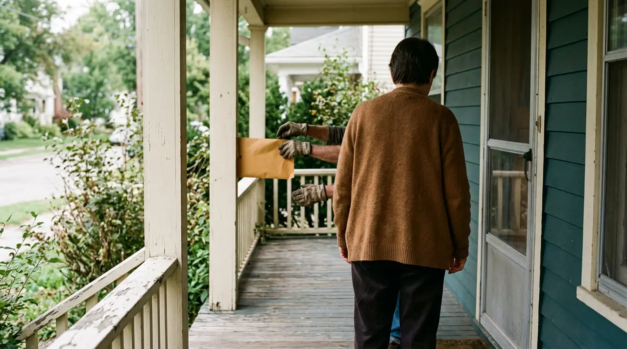 A person in a brown sweater stands on a porch, facing a teal house.