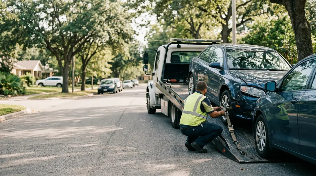 A tow truck driver in a yellow safety vest secures a damaged blue car onto the back of a tow truck on a residential street.