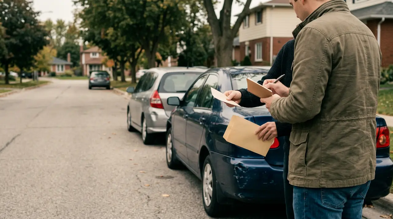 Two men standing next to a parked car on a residential street, exchanging envelopes and writing on a notepad.
