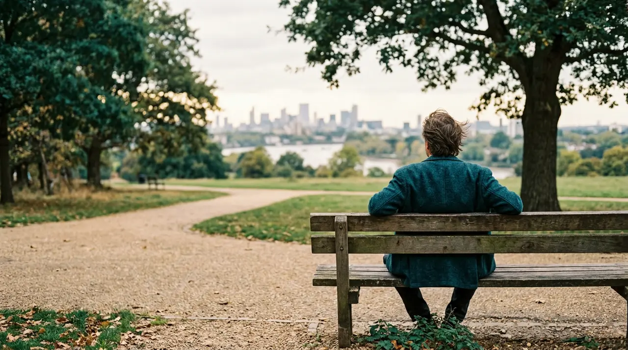 A person in a teal coat sits on a wooden bench, looking out at a city skyline across a body of water.