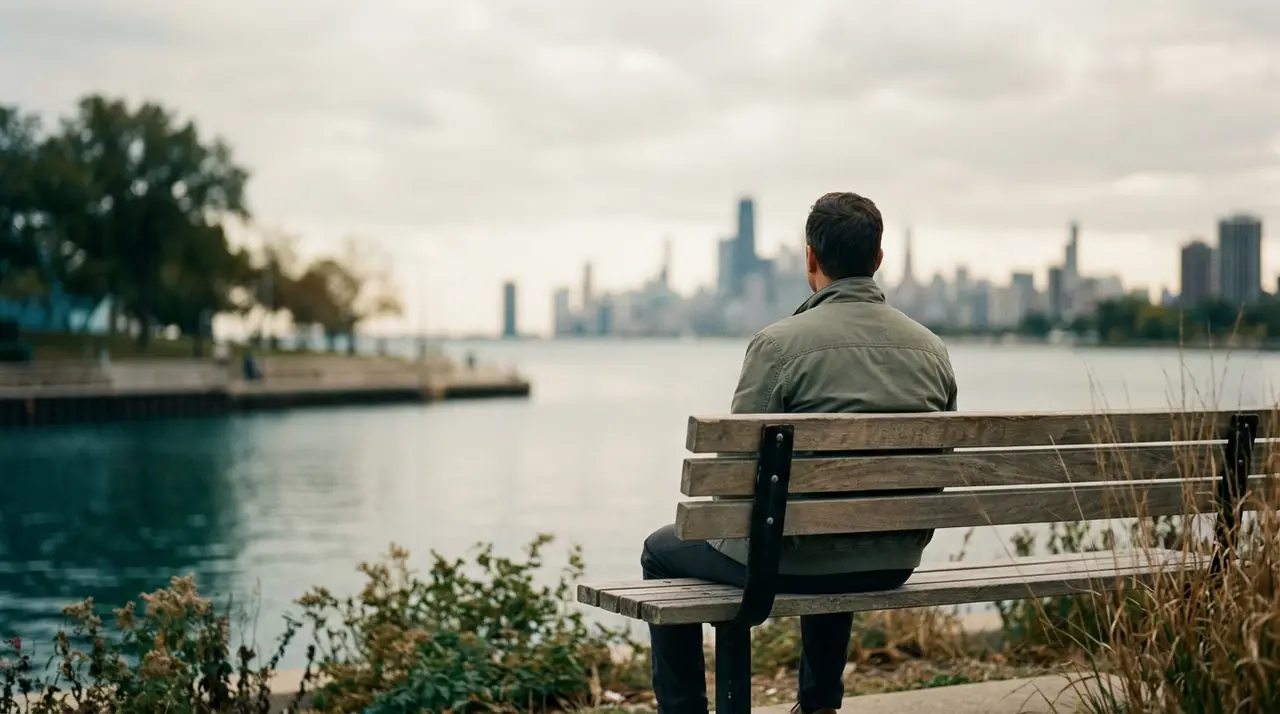 A man in a green jacket sits on a wooden bench, looking out at a body of water with a city skyline in the distance under a cloudy sky.