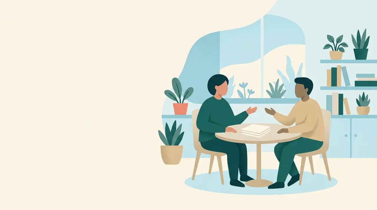 Two people are sitting at a round table, facing each other and talking.